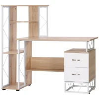 HOMCOM Computer Desk with Drawers and Bookshelf, Writing Desk for Home Office with Storage Shelves, Study Workstation, Oak(m-16)