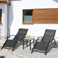 Outsunny Set 2 Șezlonguri de Grădină și Măsuță cu Raft, Material Respirabil și Cadru Metalic, 59x169x66 cm, Negru(m-10)