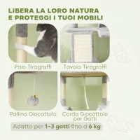 PawHut Albero per Gatti Alto 206 cm con 4 Pali Graffiatoi, Grotte, Cesti, Amache, per 1-3 Gattini 6 kg, Grigio Chiaro(m-6)