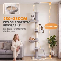 PawHut Tiragraffi per Gatti a Soffitto con Altezza 230-260 cm, 3 Pali Graffiatoi, Amaca, in Peluche, Grigio Chiaro(m-4)