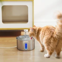 PawHut Fântână pentru Pisici de 2,5L cu Lumină LED și 2 Moduri de Flux, din Oțel Inoxidabil, 19,4x19,4x18,7 cm, Argintiu(m-10)