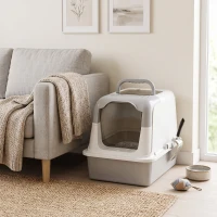 PawHut Maison de toilette pour chat bac à litière fermé bac acier inoxydable, nettoyage facile, 60,4 x 40,4 x 41,8 cm, blanc(m-2)