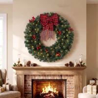 HOMCOM Couronne de Noël Ø60 cm avec Lumières LED 8 Modes, Nœud, 140 Branches, Pommes de Pin et Baies, Couronne de Noël, Vert(m-2)