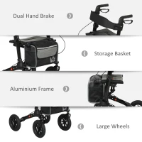 HOMCOM Folding Rollator Walker with Padded Seat, Backrest, Lightweight Walking Frame with Storage Bag, Dual Brakes, All-terrain Wheels, Adjustable Handle Height, 4 Wheeled Walker for Seniors, Black(m-8)