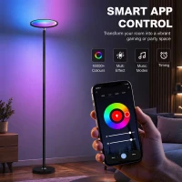 HOMCOM Uplighter Floor Lamp with Tuya App and Music Sync, Standing Lamp with Adjustable Head for Living Room Bedroom, Black(m-4)