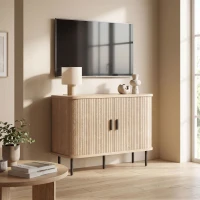 HOMCOM Buffet salon, meuble de rangement avec 2 portes coulissantes en tambour à lattes et 4 compartiments, chêne(m-8)