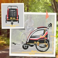 HOMCOM Remolque de Bicicleta para Niños +18 Meses 2 en 1 Cochecito de Paseo de 2 Plazas con Freno de Mano Cinturón de Seguridad Bandera y Reflectores 142x75x101 cm Rojo(m-3)