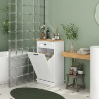 HOMCOM Dulap de baie din lemn cu coș rabatabil pentru rufe din material textil și sertar, alb(m-9)