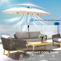 Outsunny 3 m Double-Sided Garden Parasol with LED Solar Lights, Tilt, Outdoor Extra Large Sun Umbrella with Crank Handle, Cream(m-6)