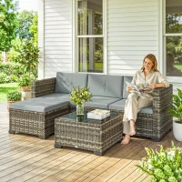 Outsunny Conjunto de Jardim em Vime de 5 Peças Inclui Almofadas 2 Poltronas de Canto Poltrona sem Braços Apoia-Pés e Mesa de Centro Cinza Claro(m-2)