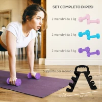 SPORTNOW Set 6 Manubri Pesi (2x1 kg, 2x2 kg, 2x3 kg) da 12 kg con Supporto/Kettlebell, in Metallo e PP Rosa, Azzurro e Viola(m-4)