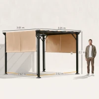 Outsunny Pergola Gazebo da Giardino in Acciaio con Tende Regolabili 3x3m, Marrone Chiaro(m-3)
