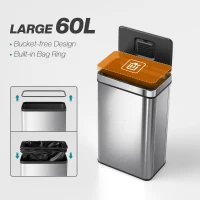 HOMCOM 60 L Sensor Can,  Sensor Bin with Soft-Close Lid, Fingerprint-Proof Stainless Steel, Silver Tone(m-5)