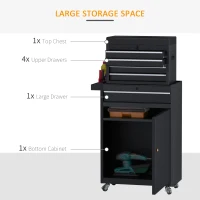 DURHAND Tool Chest 2 in 1 Metal Tool Cabinet Storage Box with 5 Drawers Pegboard Wheels 60x28x104.5cm Black(m-5)