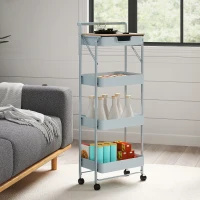 HOMCOM Carrito Auxiliar con Ruedas de 4 Niveles con Cajón Encimera y Cestas de Rejilla para Dormitorio Baño Cocina Verde Claro(m-11)