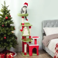 PawHut Cat Tree, 120cm Christmas Cat Tower with 3 Scratching Posts, Scratching Board, 2 Perches, Platforms, Toys, Green(m-2)