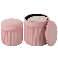HOMCOM Set 2 Taburete Rotunde Stivuibile și Tapițate, cu Huse din Catifea și Spațiu de Depozitare de 34.8L, Roz(m-12)