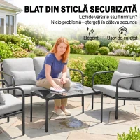 Outsunny Set de mobilier de grădină 4 piese, set de mobilier exterior din oțel, canapea 2 locuri, 2 fotolii, masă cu blat din sticlă, perne confortabile, gri deschis(m-8)