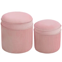 HOMCOM Set 2 Taburete Rotunde Stivuibile și Tapițate, cu Huse din Catifea și Spațiu de Depozitare de 34.8L, Roz(m-1)