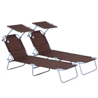 Outsunny 2 Pieces Outdoor Foldable Sun Lounger, 4 Level Adjustable Backrest Reclining Sun Lounger Chair with Angle Adjust Sun Shade Awning for Beach, Garden, Patio, Brown(m-1)