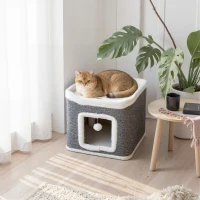 PawHut Cat House for Indoor Kittens, 2-Level Cat Cave Bed with Fluffy Balls, Top Bed, Kitten Barrel for Multi Kitties, Grey(m-10)