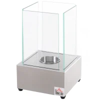 HOMCOM Camino a Bioetanolo da Tavolo con Bruciatore da 0.4L, Biocamino in Acciaio e Vetro per Interni ed Esterni, 20x20x33cm, Argento(m-1)