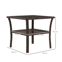 Outsunny Mesa de Ratán PE Cuadrada 50x50x45 cm Mesa de Jardín con Estante Encimera de Cristal y Marco de Acero Carga 30 kg Marrón(m-3)