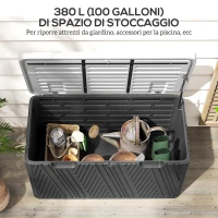 Outsunny Panca Contenitore 380L in HDPE con 2 Maniglie Laterali e Leva a Gas, 115x60x60 cm, Nero e Grigio(m-3)