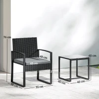Outsunny Rattan Bistro Set, 3 Piece Garden Furniture Set with Glass Top Table and Cushions, Light Grey(m-3)