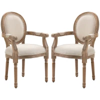 HOMCOM Lot de 2 chaises de Salle à Manger Chaise de Salon médaillon Style Louis XVI Bois Massif patiné sculpté Tissu Lin Crème(m-12)