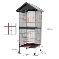 PawHut Voliera per Uccelli a Rotelle con Vassoi Estraibili in Plastica e Posatoi, in Metallo, 71.8x71.8x170.2 cm, Nero(m-3)