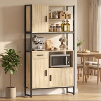HOMCOM Bufet înalt pentru bucătărie, dulap de bucătărie, 3 Uși cu Închidere Silențioasă, Sertar, Blat de Lucru, Nișe Deschise, Lemn natural(m-6)