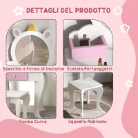 ZONEKIZ Set Toeletta Trucco Bambina con Sgabello, Specchio in Acrilico, 2 Scatole Portaoggetti, Design Unicorno, Rosa(m-6)