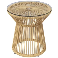 Outsunny Mesa de Ratán Sintético Redonda con Encimera de Cristal y Marco de Metal Carga 30 kg para Patio Jardín Ø40x42 cm Beige(m-1)