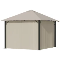 Outsunny Gazebo da Giardino 3x3m in Alluminio e Acciaio con Prese d'Aria, Zanzariera e Tende, Cachi(m-7)