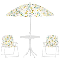 AIYAPLAY Conjunto de Mesa y Sillas Infantil de Jardín 4 Piezas Sillas Plegables Sombrilla Ajustable Diseño de Elefantes Blanco(m-1)