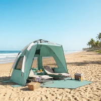 Outsunny 2-3 Person Pop Up Beach Tent, UPF15+ Sun Shelter with Extended Floor, Sandbags, Mesh Windows and Carry Bag, Green(m-10)