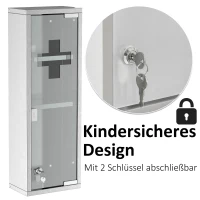 kleankin Medizinschrank aus Edelstahl und gehärtete Glastür Arzneischrank zur Medikamenten-Aufbewahrung, Abschließbar Medikamentenschrank mit 3 Fächern, Erste Hilfe Schrank, 20 x 12 x 58 cm, Silber(m-6)