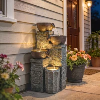 Outsunny 4-Tier Outdoor Fountain, Cascading Waterfall, Garden Fountain with LED Lights, Adjustable Flow, Grey and Rustic Brown(m-10)