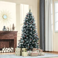 HOMCOM Albero di Natale Innevato 180cm con Bacche Rosse e Pigne Bianche, Base Rimovibile Pieghevole, 678 Rami, Verde(m-10)