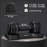 SPORTNOW Ganteră reglabilă 11 kg Set 5 în 1 cu sistem de reglare rapidă, blocare de siguranță, prindere antiderapantă și bază(m-3)
