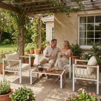 Outsunny Gartenmöbel Set 4-teilig Polyrattan Lounge-Set mit Zweisitzer 2 Sessel Glastisch abnehmbar Kissen rutschfesten Matte(m-10)
