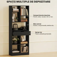 HOMCOM Bibliotecă Modernă din Lemn cu Sertar Central și Kit Anti-răsturnare, 60x26x158 cm, Negru(m-4)
