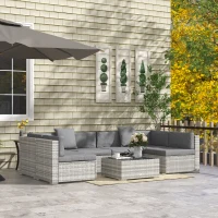Outsunny Ensemble salon de jardin 7 pièces modulables table basse plateau verre trempé coussins déhoussables inclus gris(m-10)