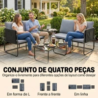 Outsunny Conjunto de Jardim de 4 Peças Móveis de Exterior com 2 Sofás de 2 Lugares 2 Mesas de Vidro Almofadas Capas Removíveis Cinzento(m-5)