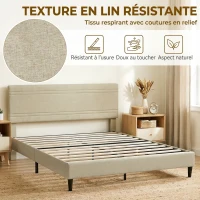 HOMCOM Cadre de Lit 160 x 200 cm avec Sommier en Bois, Rembourré en Effet Lin, Cadre en Acier, 9 Pieds Robustes, Beige(m-5)