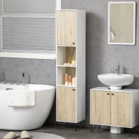 kleankin Colonna Bagno con 2 Ripiani Aperti e 2 Armadietti in Truciolato, 31.5x30x169 cm, Bianco e color Legno(m-10)