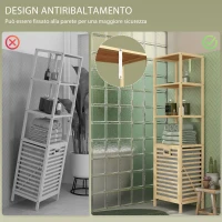 HOMCOM Colonna Bagno con 3 Ripiani in Legno di Bambù e Cesto Portabiancheria in Tessuto, 44x33x160cm(m-7)