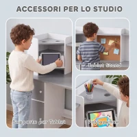 AIYAPLAY Set Scrivania e Sedia per Bambini con Portapenne, Supporto Regolabile per Tablet, Armadietti e Bacheca, Grigio(m-4)