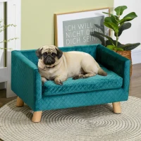 PawHut Divanetto per Cani e Gatti Stile Scandinavo con Cuscino Imbottito in Velluto e Legno, 64x45x36cm, Blu(m-2)
